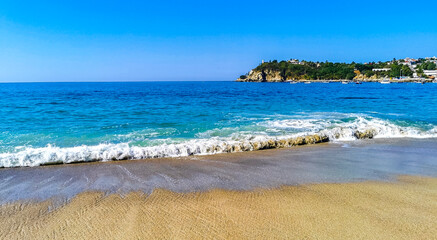 Extremely huge big surfer waves at beach Puerto Escondido Mexico.