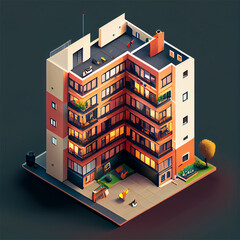 Infographic of an apartment building exterior in a cartoon like style