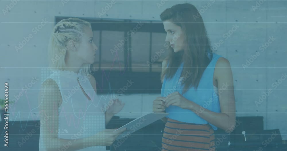 Aufkleber animation of statistical data processing over two diverse female colleagues discussing at office