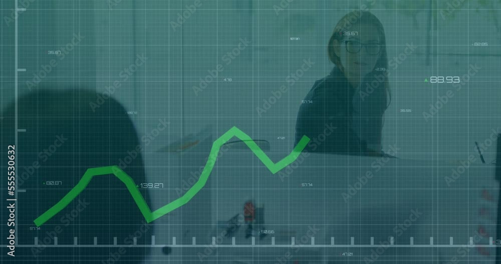 Poster animation of statistical data processing over two diverse female colleagues discussing at office