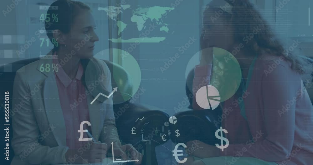 Aufkleber animation of statistical data processing over two diverse businesswomen discussing at office