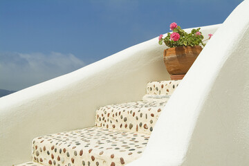 Stairs and Potted Geranium, Oia, Santorini, Cyclades Islands, Greece
