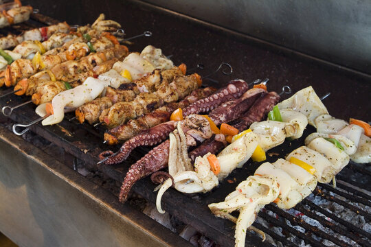 Seafood Skewers on Grill, Thirasia, Santorini, Cyclades Islands, Greece