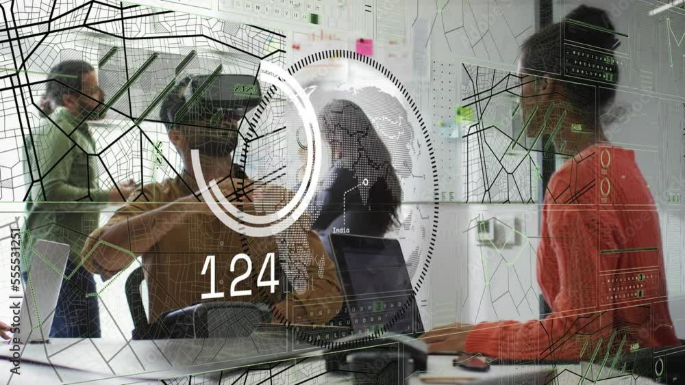Poster animation of interface with data processing over biracial man wearing vr headset at office