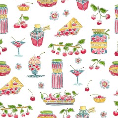 Seamless pattern with cherry berries, cherry jam, cherry juice 