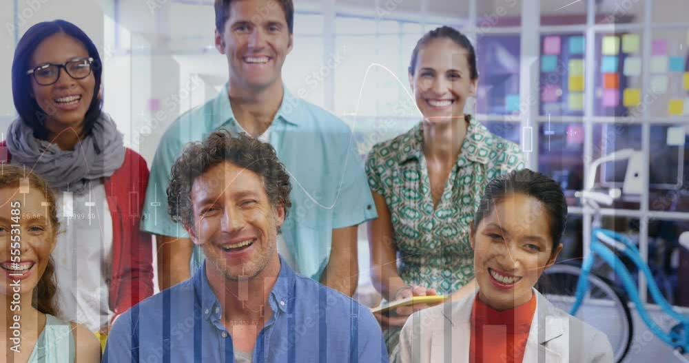 Poster animation of statistical data processing over group of diverse colleagues smiling together at office