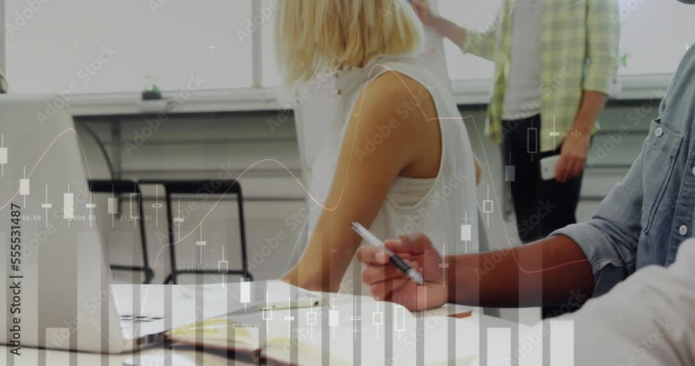 Poster animation of statistical data processing over caucasian man giving a presentation at office