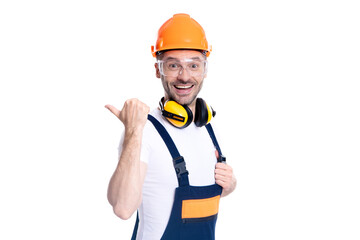 builder man wearing uniform pointing finger. photo of builder man. builder man isolated on white