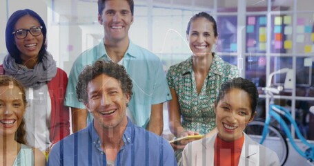 Animation of statistical data processing over group of diverse colleagues smiling together at office - Powered by Adobe