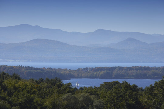 View of the Adirondack Mountains and Lake Champlain From Shelburne, Vermont, USA
