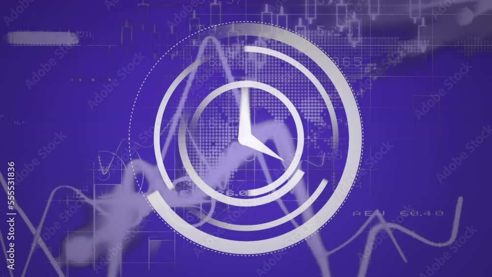 Poster animation of moving clock over data processing on blue background