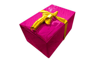 Beautiful pink gift package, wrapped in glossy paper and gold bow and cropped for image montages.