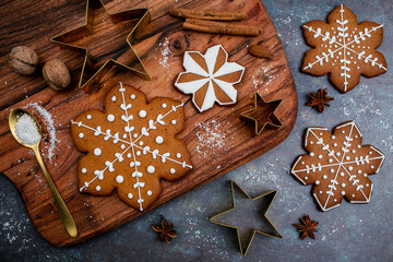 Beautiful christmas homemade gingerbread cookies on the table