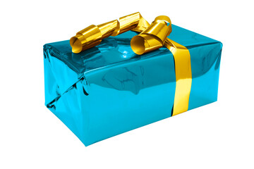 Beautiful blue gift package wrapped in glossy paper and gold bow and cropped for image montages.