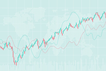 Candlestick chart, line graph and bar chart. World stock market index graph