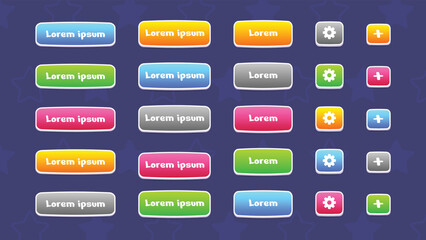 GUI Kit casual Assets for a game mobile phone. Set of buttons with different colors and shapes for game and app design. Vector UI objects. Vector illustration