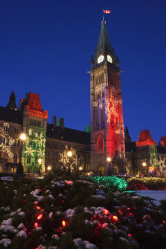 Christmas Lights on the Parliament Buildings, Peace Tower, Parliament Hill, Ottawa, Ontario, Canada