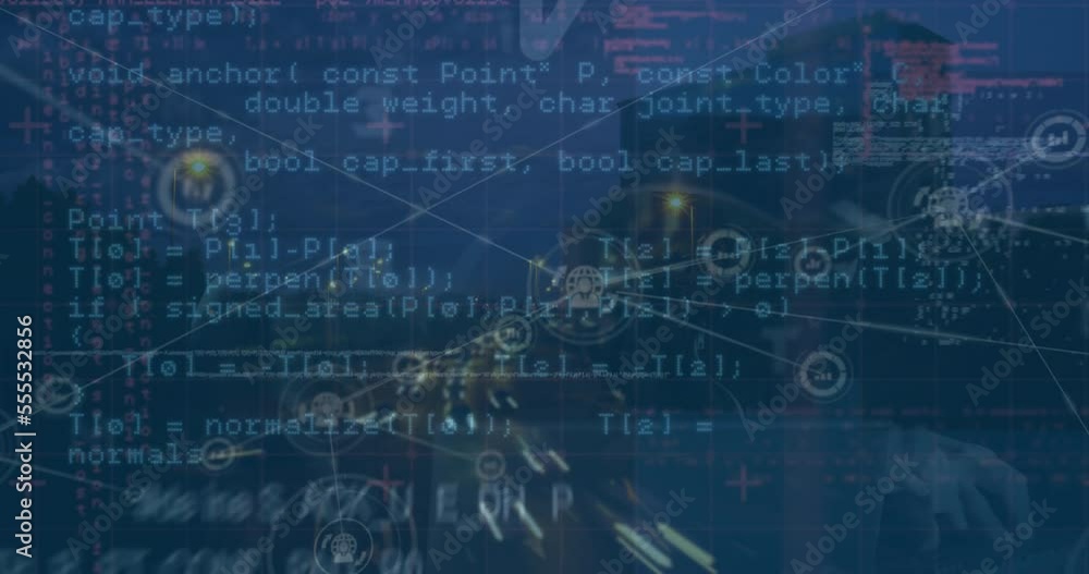 Poster animation of network of digital icons and data processing over aerial view of city traffic at night