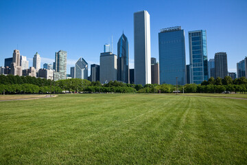 City Skyline from Butler Field in Grant Park, Chicago, Illinois, USA