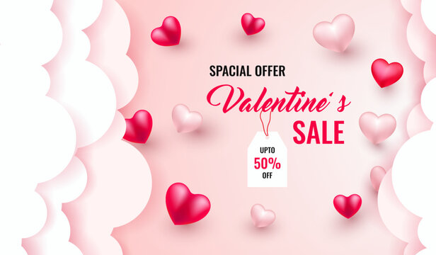 Happy Valentine day sale banner with red heart shapes and cloud. Vector Illustration