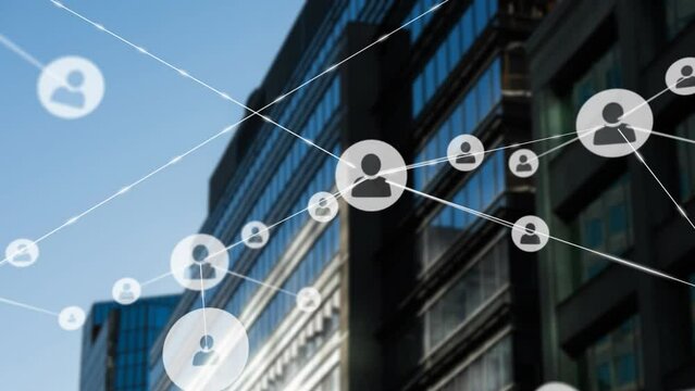 Animation of network of profile icons over view of tall buildings against blue sky