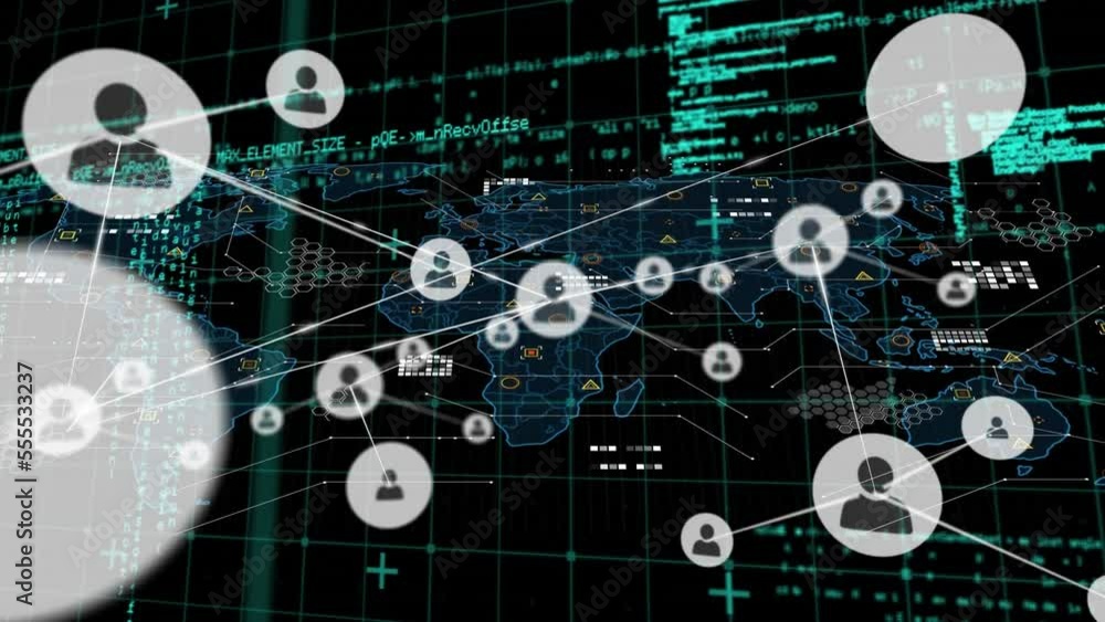 Poster Animation of network of connections over world map and data processing