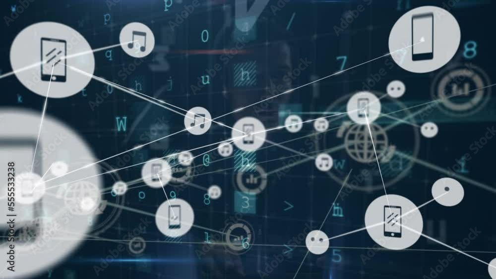 Poster animation of network of connections over caucasian male hacker and data processing