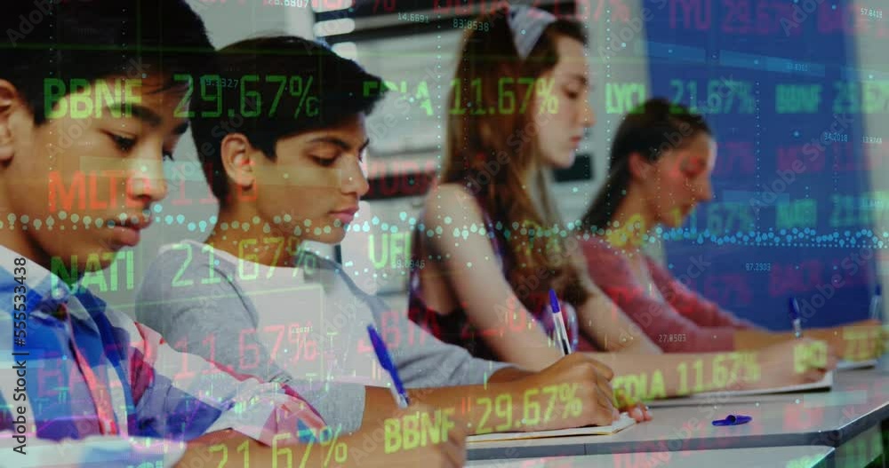 Poster animation of data processing over diverse students in classroom