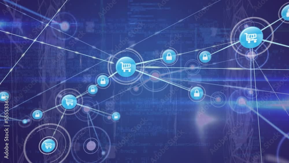 Aufkleber animation of connected icons, dots forming globes and computer language on blue background