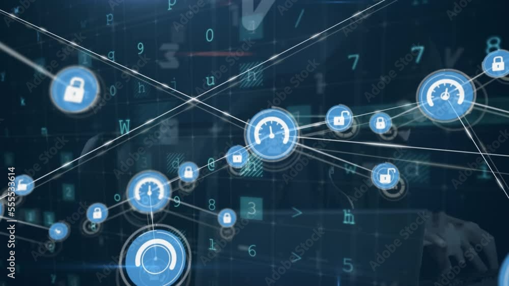 Poster animation of data processing and caucasian male hacker over network of connections