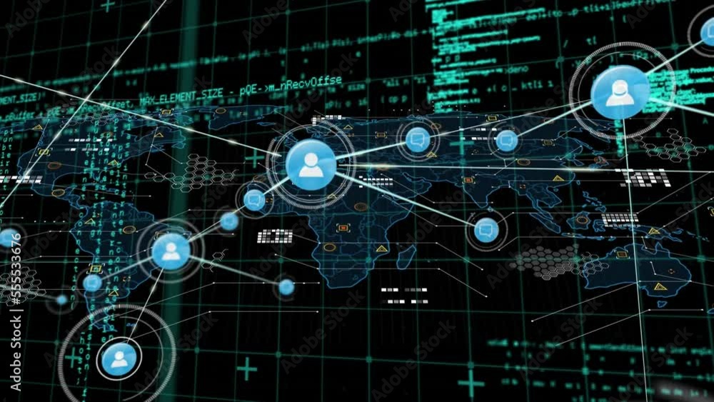 Poster animation of connected icons and programming language on map against black background