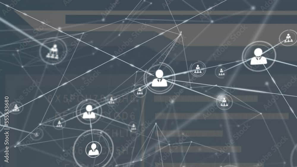 Poster animation of connected icons and dots on numbers, letters and bar against abstract background
