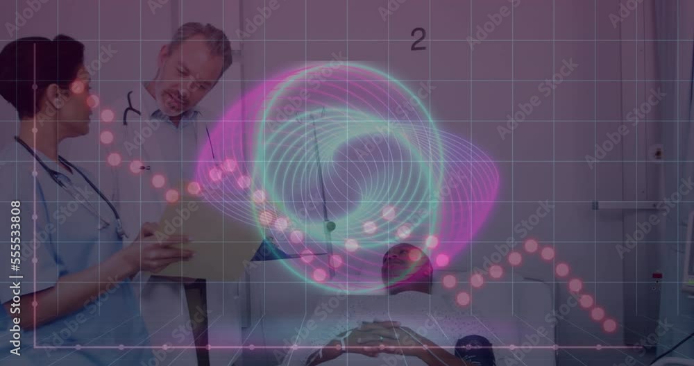Aufkleber animation of data processing and shapes over patient and diverse doctors talking