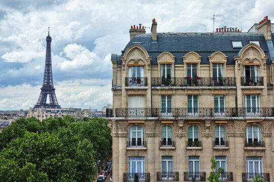 Eiffel Tower and Building, 7th Arrondissement, Paris, Ile-de-France, France
