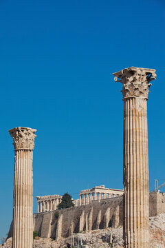 Temple of Olympian Zeus and the Parthenon, Acropolis, Athens, Attica, Greece