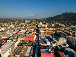 Beautiful aerial view of the City of San Salvador, capital of El Salvador - Its cathedrals and buildings