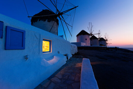 Windmills at Dusk, Chora, Mykonos Town, Mykonos, Cyclades Islands, Greek Islands, Greece, Europe
