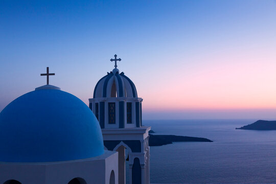 Church Domes with Aegean Sea at Sunset, Fira, Santorini, Cyclades, Greek Islands, Greece