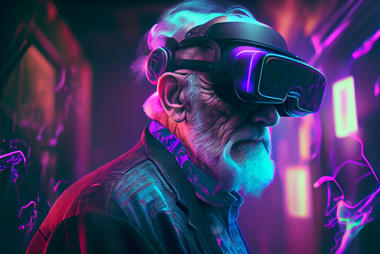 Old man wearing VR headset image created with Generative AI technology.