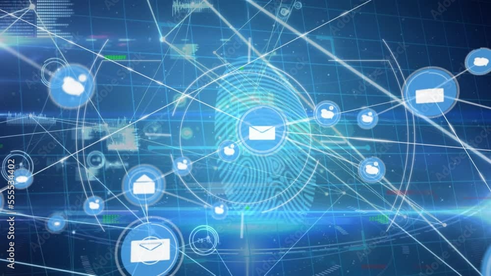 Poster animation of connected icons, padlock in shields, circles on fingerprint against abstract background
