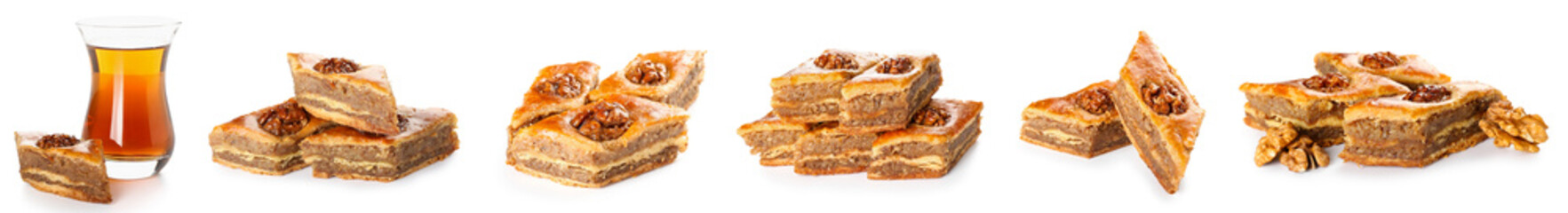 Collage of tasty baklava with walnuts and Turkish tea on white background