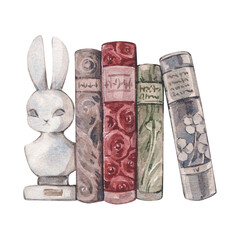 Watercolor vintage illustration with a stack of old books and a figurine of a rabbit. Isolated on white