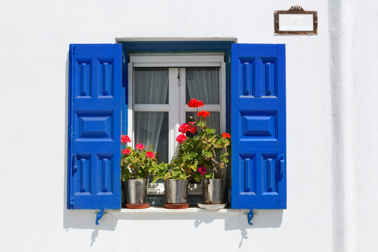 Window with Blue Shutters and Flowers, Chora, Mykonos Town, Mykonos, Cyclades Islands, Greek Islands, Greece