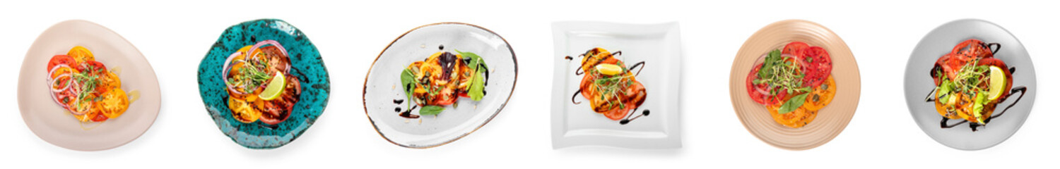 Collage of tasty tomato carpaccio on white background, top view