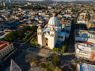 Beautiful aerial view of the City of San Salvador, capital of El Salvador - Its cathedrals and buildings