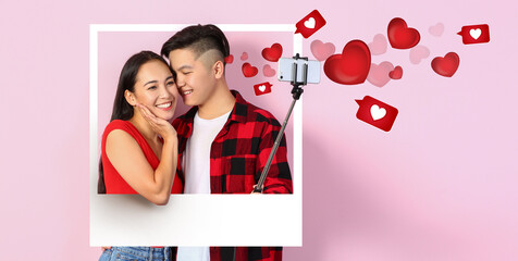 Portrait of happy Asian bloggers taking selfie on pink background. Valentine's Day celebration