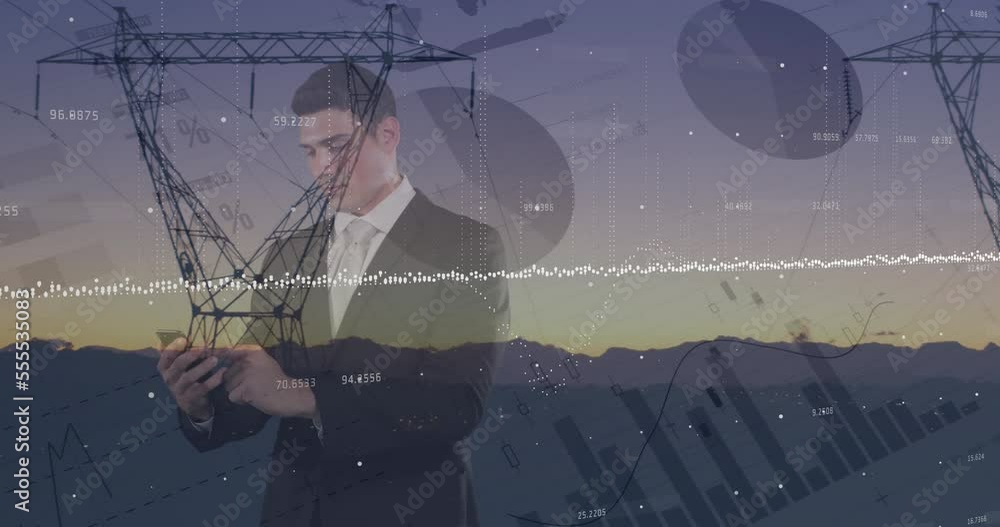 Poster animation of financial data processing over caucasian businessman using smartphone