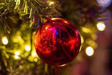 Close up of balls on christmas tree. Bokeh background.New Year concept
