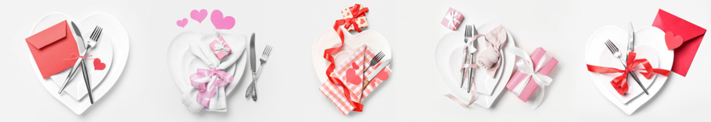 Group of stylish table settings for Valentine's Day dinner on white background