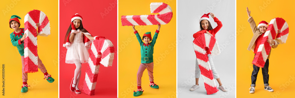 Canvas Prints Set of children with Christmas candy cane pinatas on color background